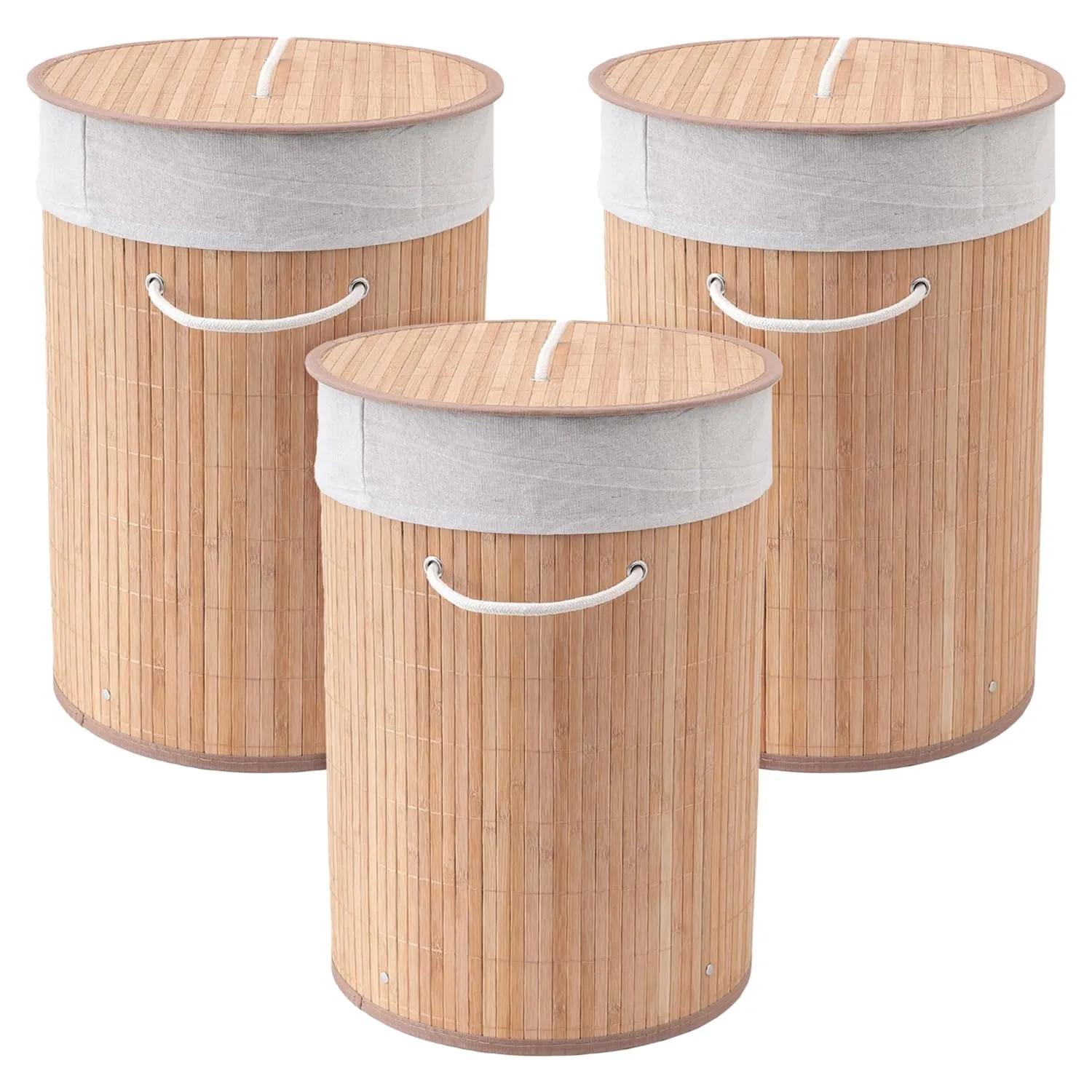 Kuber Industries Laundry Basket | Bamboo Laundry Basket With Lid | Cloth Hamper Basket for Bathroom | Laundry Basket for Toys | Storage Basket | Pack of 3 | Natural