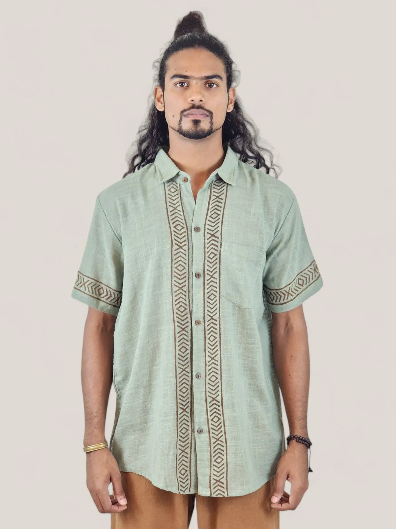 Men's Sage Organic Linen Short Sleeve Block-Printed Button-Down Shirt