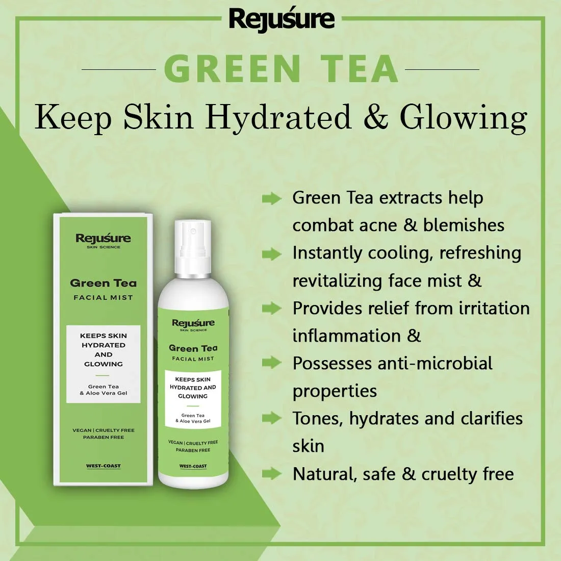 Rejusure Green Tea Facemist – Keeps Skin Hydrated & Glowing – 100ml