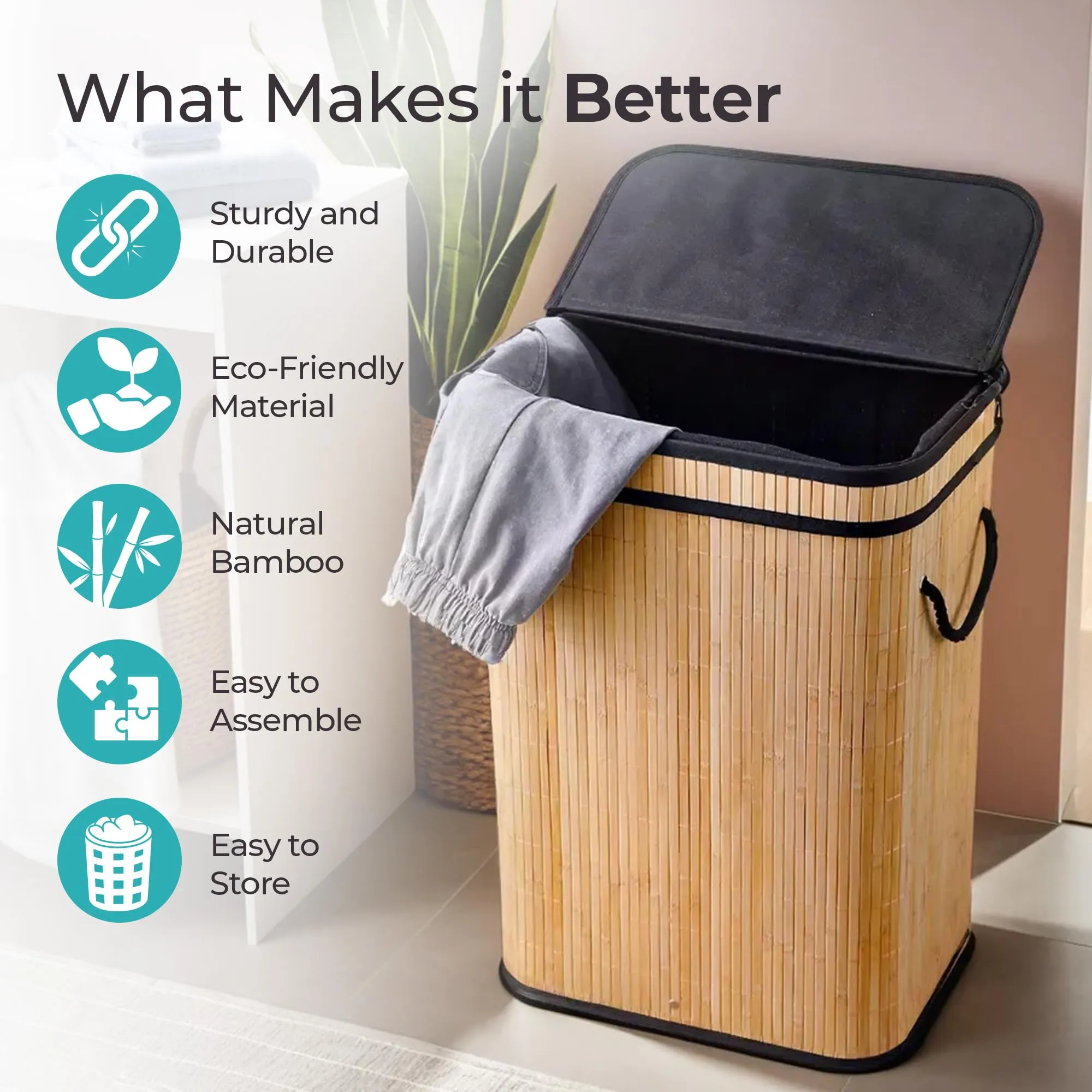 The Better Home Bamboo Basket for Storage(40*30*60cm) Laundry Basket for Clothes With Lid | Home Organizer Items and Storage | Eco Friendly | Compact and Easy to carry | Home Storage Organizer | Brown