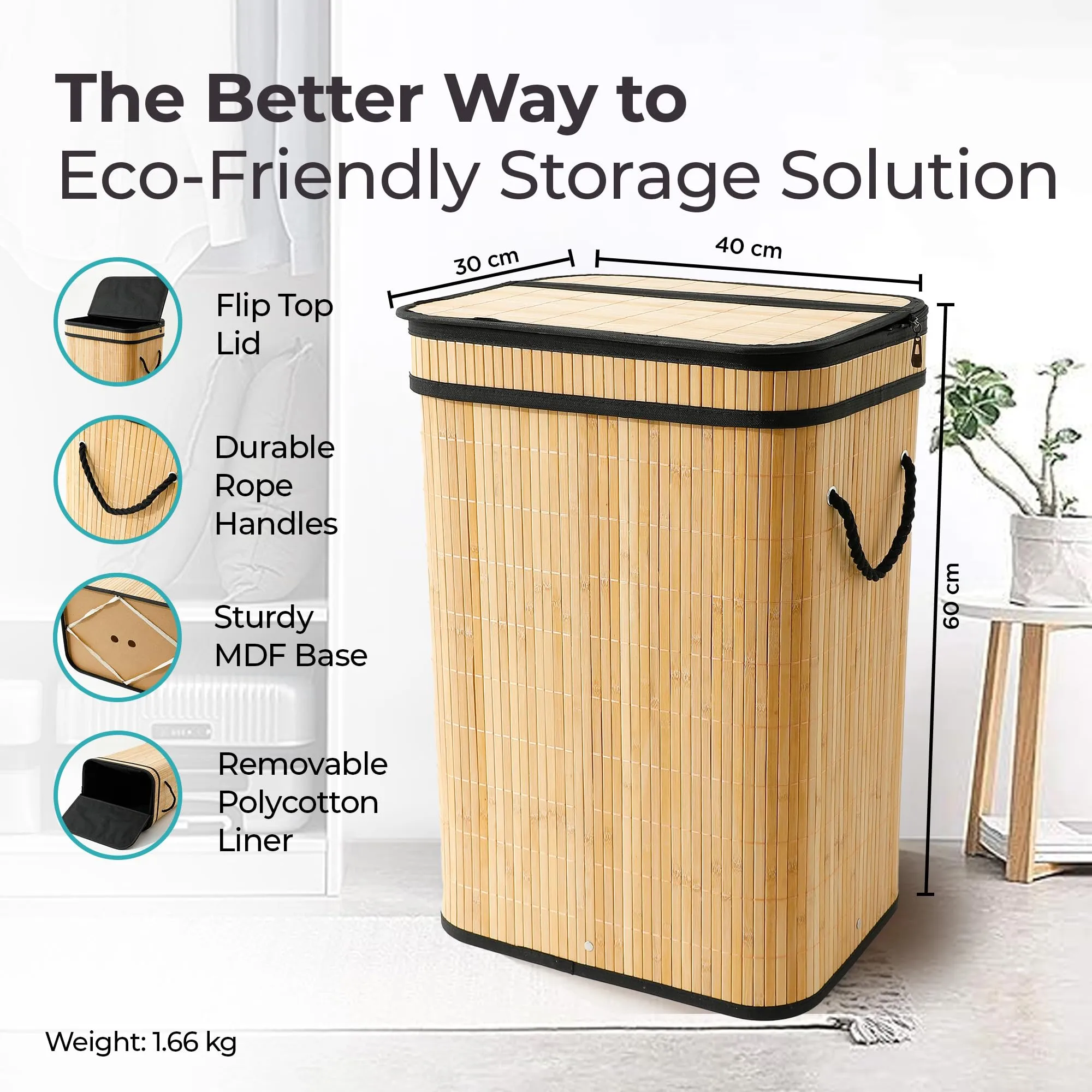 The Better Home Bamboo Basket for Storage(40*30*60cm) Laundry Basket for Clothes With Lid | Home Organizer Items and Storage | Eco Friendly | Compact and Easy to carry | Home Storage Organizer | Brown