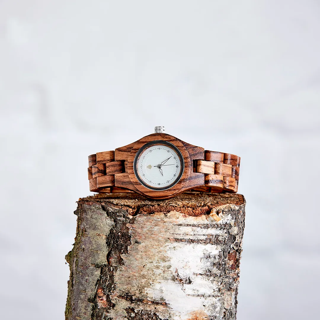 The Pine Watch – Handmade Eco-Friendly Wooden Watch with Zebrawood Frame & Bright Dial