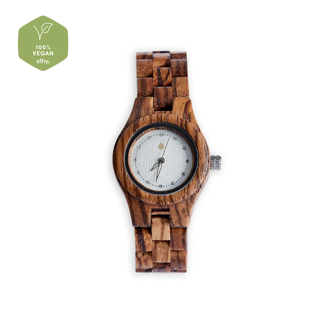 The Pine Watch – Handmade Eco-Friendly Wooden Watch with Zebrawood Frame & Bright Dial